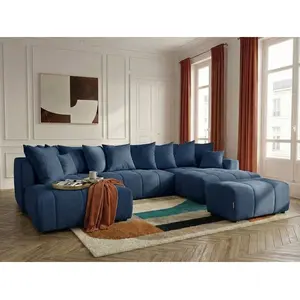 Canapé panoramique convertible ROXELANE tissu chiné avec pouf bleu foncé angle droit BOBOCHIC 6 places pas cher