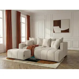 Canapé d'angle L convertible coffre ROXELANE tissu chiné avec pouf beige angle droit BOBOCHIC 4 places pas cher