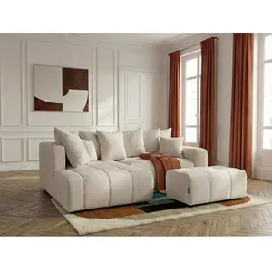 Canapé d'angle L convertible coffre ROXELANE tissu chiné avec pouf beige angle gauche BOBOCHIC 4 places pas cher