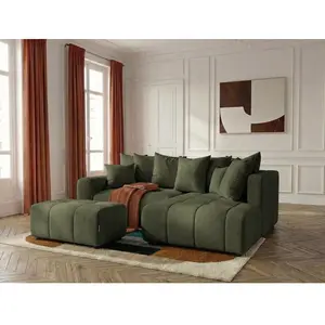 Canapé d'angle L convertible coffre ROXELANE tissu chiné avec pouf vert angle droit BOBOCHIC 4 places pas cher