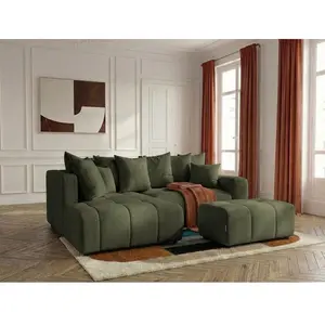 Canapé d'angle L convertible coffre ROXELANE tissu chiné avec pouf vert angle gauche BOBOCHIC 4 places pas cher