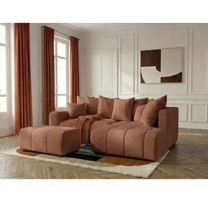 Canapé d'angle L convertible coffre ROXELANE tissu chiné avec pouf orange angle droit BOBOCHIC 4 places pas cher