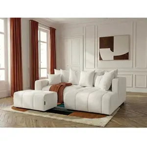 Canapé d'angle L convertible coffre ROXELANE tissu chiné avec pouf blanc angle droit BOBOCHIC 4 places pas cher