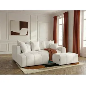 Canapé d'angle L convertible coffre ROXELANE tissu chiné avec pouf blanc angle gauche BOBOCHIC 4 places pas cher