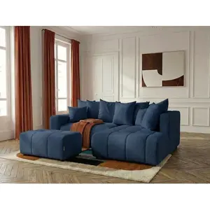 Canapé d'angle L convertible coffre ROXELANE tissu chiné avec pouf bleu foncé angle droit BOBOCHIC 4 places pas cher