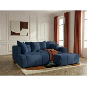 Canapé d'angle L convertible coffre ROXELANE tissu chiné avec pouf bleu foncé angle gauche BOBOCHIC 4 places pas cher
