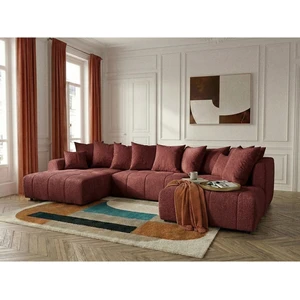 Canapé panoramique convertible ROXELANE tissu bouclette rouge angle gauche BOBOCHIC 6 places pas cher