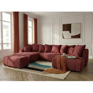 Canapé panoramique convertible ROXELANE tissu bouclette avec pouf rouge angle gauche BOBOCHIC 6 places pas cher