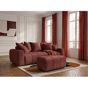 Canapé droit 3 places convertible ROXELANE tissu bouclette avec pouf rouge BOBOCHIC pas cher