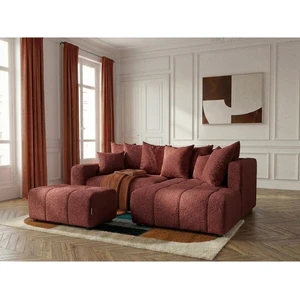 Canapé d'angle L convertible coffre ROXELANE tissu bouclette avec pouf rouge angle droit BOBOCHIC 4 places pas cher