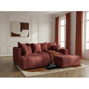 Canapé d'angle L convertible coffre ROXELANE tissu bouclette avec pouf rouge angle gauche BOBOCHIC 4 places pas cher