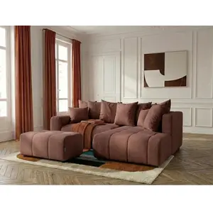 Canapé d'angle L convertible coffre ROXELANE tissu chiné avec pouf rouge angle droit BOBOCHIC 4 places pas cher