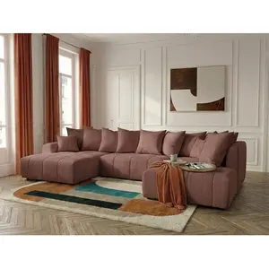Canapé panoramique convertible ROXELANE tissu chiné rouge angle gauche BOBOCHIC 6 places pas cher
