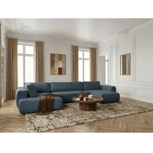 Canapé panoramique convertible coffre DENISE tissu texturé bleu foncé angle droit BOBOCHIC places pas cher