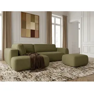 Canapé angle L convertible coffre DENISE tissu texturé avec pouf vert angle gauche BOBOCHIC places pas cher