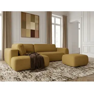 Canapé angle L convertible coffre DENISE tissu texturé avec pouf jaune angle gauche BOBOCHIC places pas cher