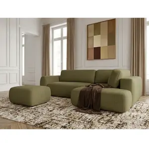 Canapé angle L convertible coffre DENISE tissu texturé avec pouf vert angle droit BOBOCHIC places pas cher