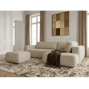 Canapé angle L convertible coffre DENISE tissu texturé avec pouf beige angle droit BOBOCHIC places pas cher