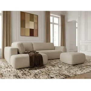Canapé angle L convertible coffre DENISE tissu texturé avec pouf beige angle gauche BOBOCHIC places pas cher