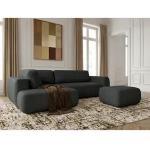 Canapé angle L convertible coffre DENISE tissu texturé avec pouf noir angle gauche BOBOCHIC places pas cher