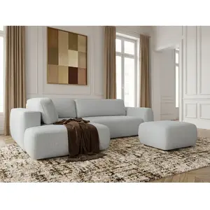Canapé angle L convertible coffre DENISE tissu texturé avec pouf gris clair angle gauche BOBOCHIC places pas cher