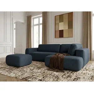 Canapé angle L convertible coffre DENISE tissu texturé avec pouf bleu foncé angle droit BOBOCHIC places pas cher