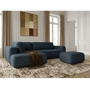 Canapé angle L convertible coffre DENISE tissu texturé avec pouf bleu foncé angle gauche BOBOCHIC places pas cher