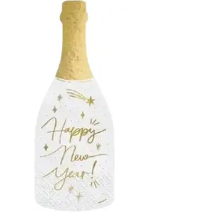 PartyDeco 20 Serviettes en papier bouteille Happy New Year 14,5 x 12 cm - Blanc