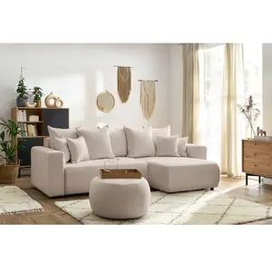 Canapé d'angle réversible convertible coffre ENVY tissu bouclette doux avec pouf rond Bobochic pas cher