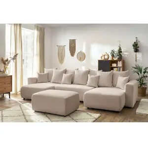 Canapé panoramique convertible coffre ENVY tissu bouclette avec pouf rectangulaire Bobochic pas cher