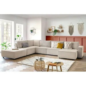Canapé d'angle fixe modulable XL NIHAD tissu velours côtelé avec pouf Bobochic