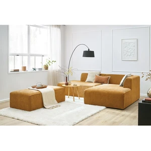 Canapé d'angle fixe modulable MEGEVE tissu texturé avec pouf Bobochic pas cher