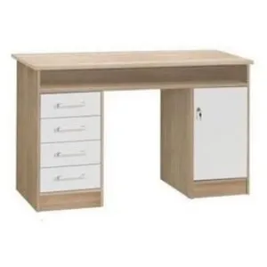 Comparateur de prix : Finlandek Bureau droit à clés avec 1 porte et 4 tiroirs - Décor chêne et blanc - 126 x P 55 x H 76 cm - ALICANTE