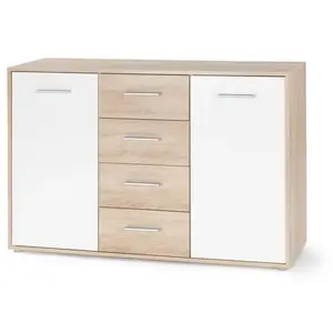 Comparateur de prix : Buffet bas PILVI - 2 portes et 4 tiroirs - Blanc et chêne sonoma - L 1...