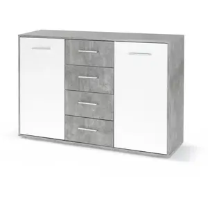 Comparateur de prix : Buffet bas PILVI - 2 portes et 4 tiroirs - Blanc et béton clair - L 12...