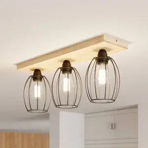 BRITOP Plafonnier Beevly, bois et métal, à 3 lampes pas cher