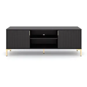 CALICOSY Meuble TV 2 portes et 2 niches noir avec pieds et poignées dorés L140 cm - 140 cm X 40 cm X 50 cm - FLINN pas cher