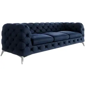 S-Style Canapé Chesterfield 3 places en velours, pieds en métal, bleu marine pas cher