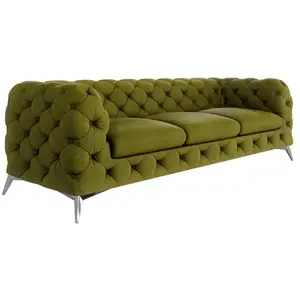 S-Style Canapé Chesterfield 3 places en velours avec pieds en métal, olive pas cher