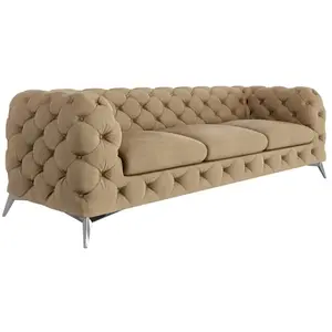 S-Style Canapé Chesterfield 3 places en velours avec pieds en métal, beige pas cher