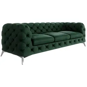 S-Style Canapé Chesterfield 3 places en velours, pieds en métal, vert pas cher