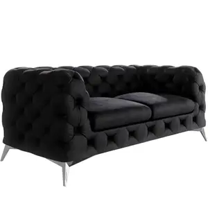 S-Style Canapé Chesterfield 2 places en velours avec pieds en métal, noir pas cher