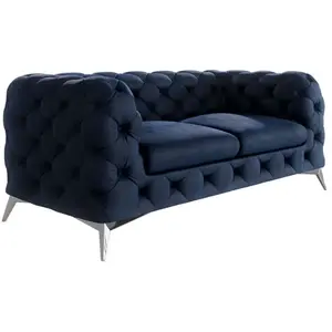 S-Style Canapé Chesterfield 2 places en velours, pieds en métal, bleu marine pas cher