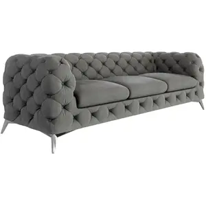 S-Style Canapé Chesterfield 3 places en velours avec pieds en métal, gris pas cher