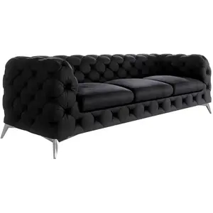S-Style Canapé Chesterfield 3 places en velours avec pieds en métal, noir pas cher