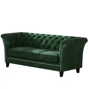 S-Style Canapé Chesterfield 3 places en velours, vert bouteille pas cher
