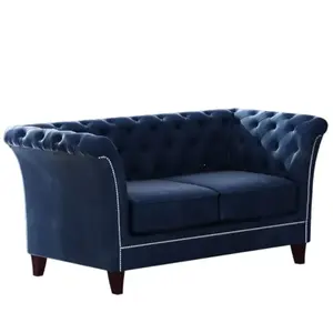 S-Style Canapé Chesterfield 2 places en velours, bleu marine pas cher