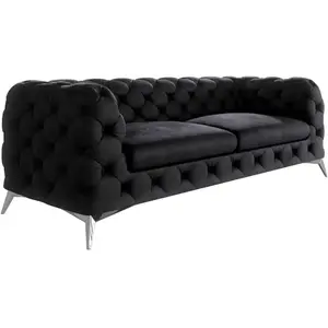 S-Style Canapé Chesterfield 3 places en velours avec pieds en métal, noir pas cher
