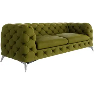 S-Style Canapé Chesterfield 3 places en velours avec pieds en métal, olive pas cher