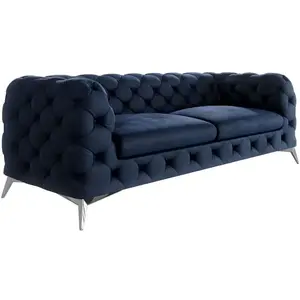 S-Style Canapé Chesterfield 3 places en velours pieds en métal, bleu marine pas cher